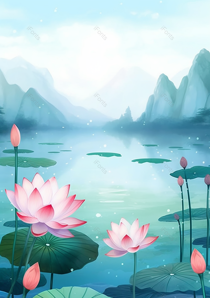 手绘国风夏季山水荷花图,插画/手绘图,插画/手绘图库,插画/手绘图下载,插画/手绘